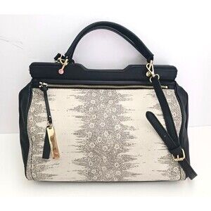Vince Camuto Fiona Lg Blk Leather Satchel w Crossbody Tan Print Gold Hardware